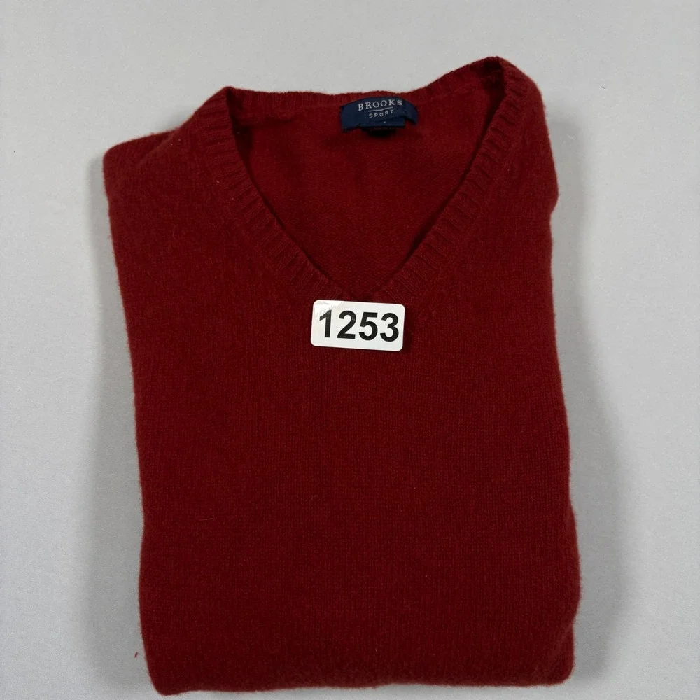 Brooks Sport Sweater Mens XL V-Neck Red Lambswool Cashmere EUC